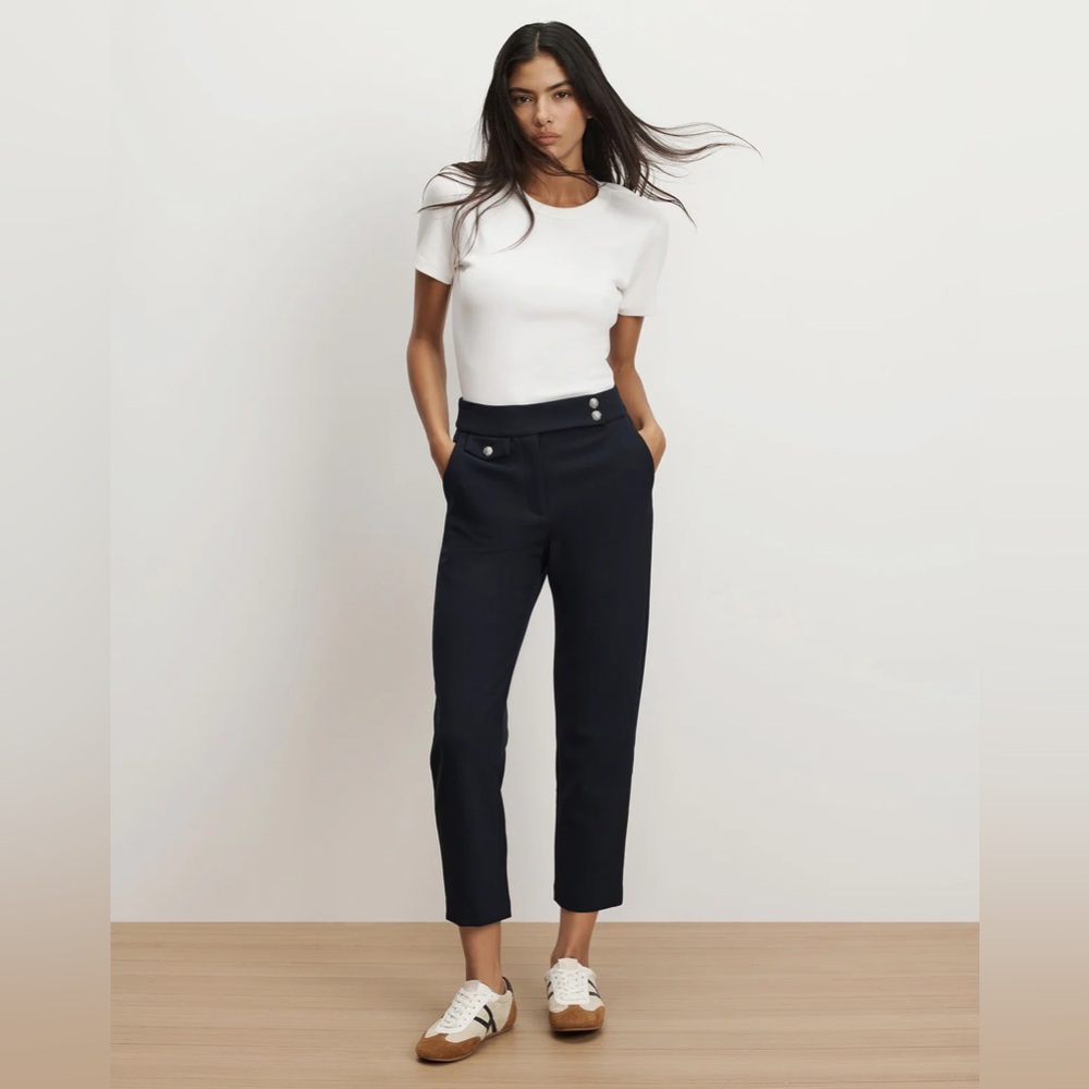 Veronica Beard Renzo Crest Button Pant Navy Cropped Slim-Leg Pant Silver 6